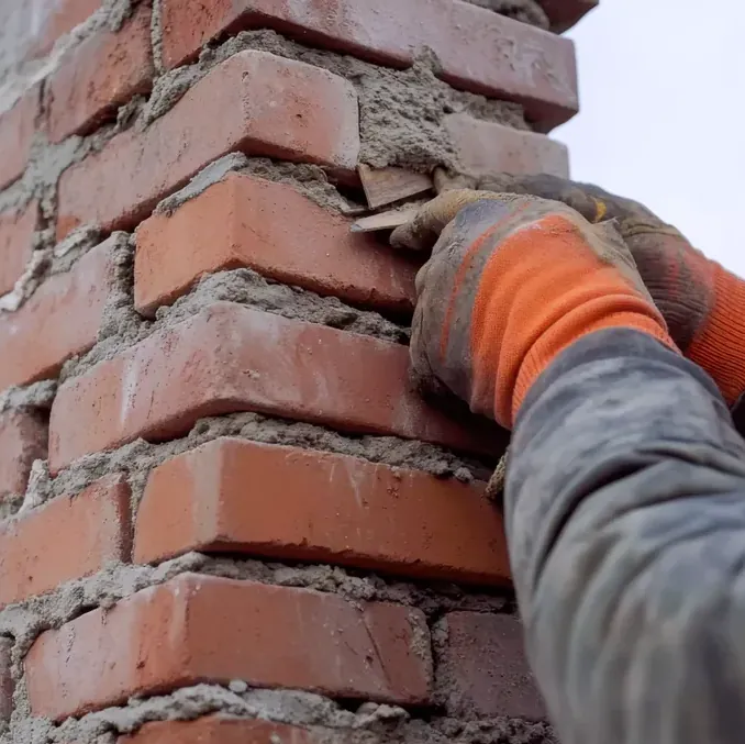 Brick chimney being rebuilt with mortar