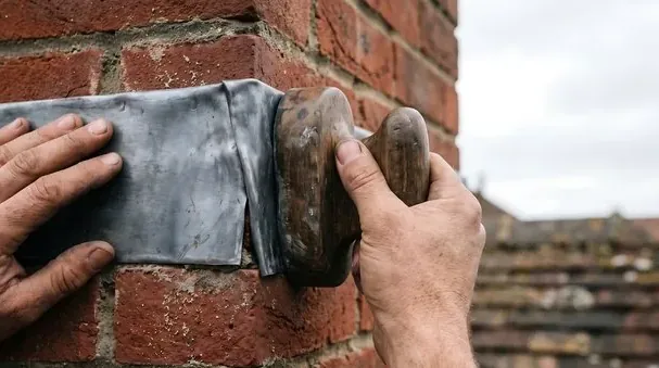 Flashing pressed into place where a chimney meets a Stevenson Ranch roof