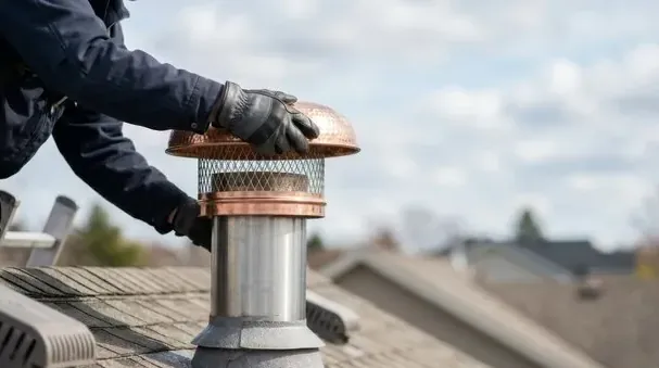 Technician installing a spark arrestor chimney cap with fine mesh on a Santa Clarita roof