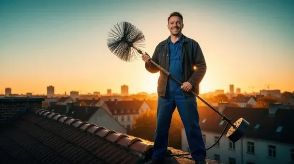 Chimney technician on a rooftop at sunset